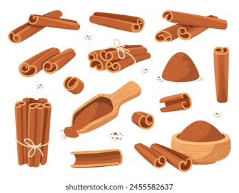 Cartoon cinnamon sticks with powder. Sweet cooking and bakery spices, organic aroma elements, fragrant bark rolled into tubes, coffee condiment, ingredient culinary, vector isolated set