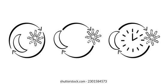 Caricatura circadiana, ícono de ritmos. Luna de sol y despierta o duerme. Logo de día y noche. Patrón de línea clara u oscura. Verano o invierno. Cerebro en un escenario activo y relajado. Concepto de biorritmos.