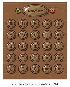 Cartoon circle buttons set, app icons with wood texture, isolated on wooden background. 