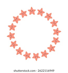Cartoon circle frame with happy starfish in flat style. Cute sea creature border for childrens poster, card, logo, baby shower and coastal decor.
