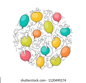 Cartoon circle illustration with baloons. Comic hand drawn template with little people. Vector isolated on white background.