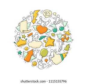 Cartoon circle illustration with lifestyle symbols. Comic hand drawn temlate with little people. Vector isolated on white background.