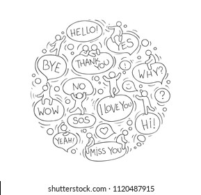 Cartoon circle illustration with speech bubbles. Comic hand drawn template with little people. Vector isolated on white background.