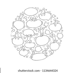 Cartoon circle illustration with speech bubbles. Comic hand drawn template with little people. Vector isolated on white background.