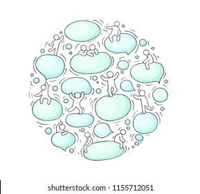 Cartoon circle illustration with speech bubbles. Comic hand drawn template with little people. Vector isolated on white background.