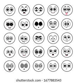 Sonrisas lineales del círculo de caricaturas. Ojos negros y bocas. Conjunto de emociones en la cara. Dibujo vectorial de caracteres sonrisas.