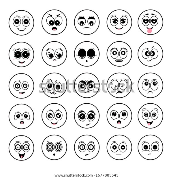 漫画の円のリニアスマイル 黒い目と口 顔の感情セット 笑顔のキャラクターのベクターイラスト のベクター画像素材 ロイヤリティフリー
