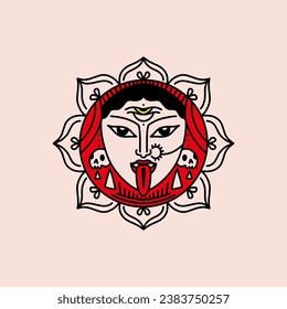 Cartoon circle logo art of Kali Goddess square vector illustration card, isolated graphics on background.