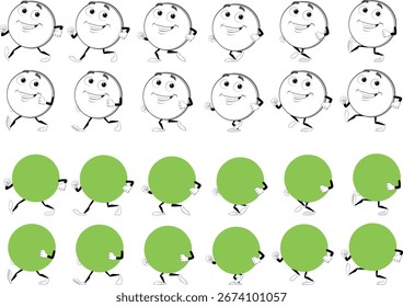 Conjunto de animación de ciclo de paseo de círculo de dibujos animados. 

Caricatura sonriente del círculo del personaje que camina el ciclo del bucle . 
Ilustración vectorial aislada sobre fondo blanco. 

