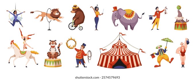 Cartoon circus animals and artists. Funny chapiteau characters, tent show, entertainment performance, trainers and acrobats, funny clown, animals show, tidy vector set