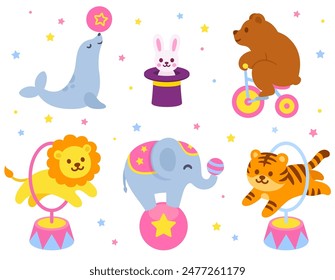 Cartoon circus animals doing tricks: seal, bear, rabbit, elephant, tiger and lion. Cute and funny circus performance vector illustration set.