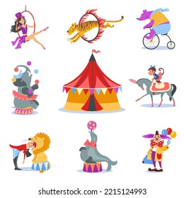 Cartoon circus animals. Trained seal and horse. Bear on unicycle. Tiger jumping over ring. Show artists in costumes. Trainer with lion. Gymnast and clown tricks. Splendid