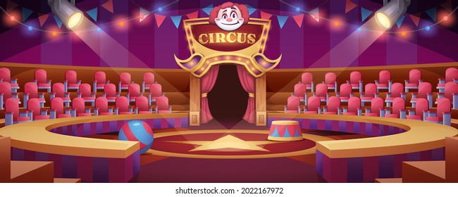 Arena de circo de dibujos animados. Mesa redonda bajo cúpula de marquesina con asientos, banderas y focos reflectores para espectáculos de entretenimiento o espectáculo de carnaval. Interior vacío dentro o anillo de carnaval de caricatura circular con escena