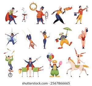 Cartoon circus artists characters. Chapiteau representatives, funny magician, sword swallower, trainers, gymnasts, clowns and magician, athlete performance, isolated people, tidy vector set