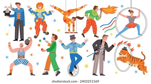 Cartoon circus artists characters. Funny professional acrobats, clowns and magicians, entertainment show, cute bright performers, vector set.eps
