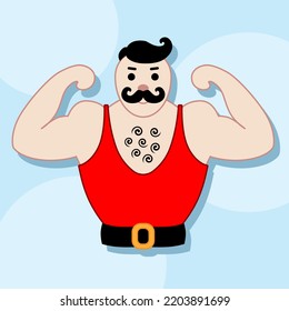 Cartoon circus athlete strongman for kids and children. Hand drawn vector illustration on blue background. Circus collection. Design element. Template for design, books, stickers, cards. - Shutterstock ID 2203891699