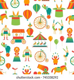 Cartoon Circus Background Pattern on a White Flat Style Design Amusement and Festival Elements. Vector illustration