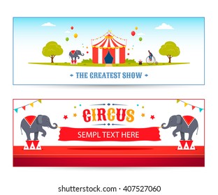 Cartoon Circus banner set. Elephants are holding a banner. Vector illustration