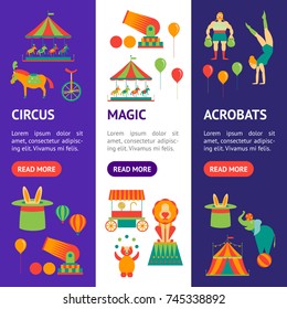 Cartoon Circus Banner Vecrtical Set Flat Style Design Amusement and Festival Elements. Vector illustration