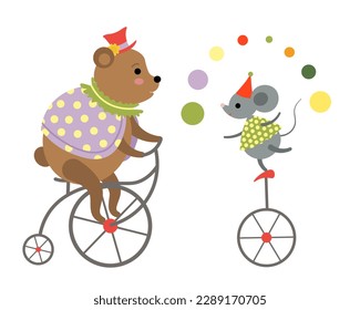 Caricatura de un oso de circo y un ratón sobre una bicicleta y un mono