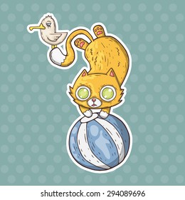 cartoon circus cat and seagull