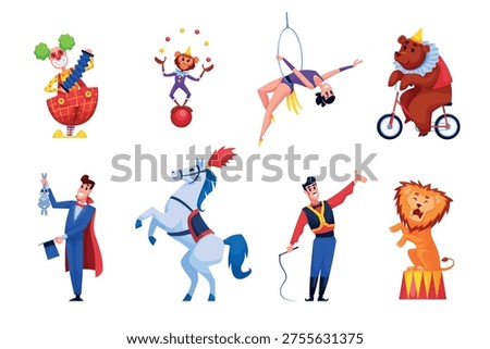 Cartoon circus characters. Animal trainers chapiteau performer, carnival artist clown juggler ball acrobat magician funny monkey bear lion horse set qualitative vector illustration