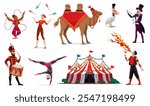 Cartoon circus characters of carnival artists, animals and top tent. Vector magician, acrobat and juggler, fire breather and drummer personages, monkey, camel and pelican performers of circus show