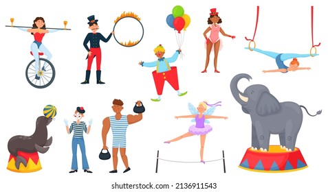 Cartoon circus characters, carnival artists, trained animal performers. Circus elephant, seal, clown, acrobat, magician, juggler vector set. People performing tricks in entertainment show