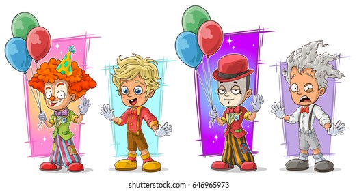 Cartoon circus clown with air balloon and kid character vector set