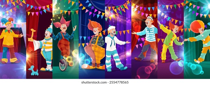 Cartoon circus clown characters collage of funfair carnival performers, vector background. Funny circus clown characters in wigs with smiles or riding unicycle for kids funfair carnival or circus show