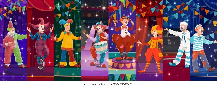 Cartoon circus clown characters collage. Vector funnyman artists on big top tent arena in playful poses and bright costumes capturing the joyful spirit of the circus entertainment, festivity and event