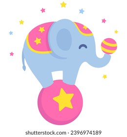 elefante de circo de dibujos animados balanceándose en una gran bola y haciendo malabares con una bola más pequeña. Ilustración de dibujos animados de estilo vector plano lindo y divertido.