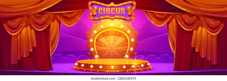 Cartoon circus interior design. Vector illustration of theater arena with bright illumination, red drapery curtains, sparkling round golden podium for entertainment show. Amusement festival stage