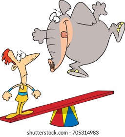 cartoon circus man about to be launched off a platform by an elephant