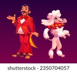 Cartoon circus man character and poodle vector set. Carnival magician performer with dog in vintage suit. Pet trainer in creative retro costume stand near jumping dog. Cute and funny cirque artist