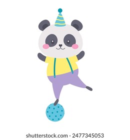 cartoon circus panda balancing on round sphere performing trick, kids card with cute animal