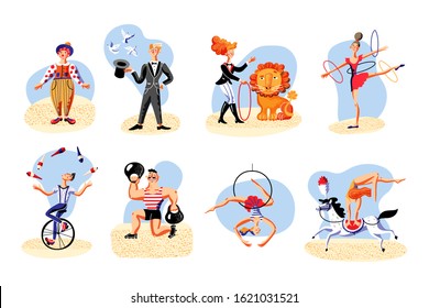Cartoon circus performers flat set on white. Clown, illusionist magician, lions trainer, gymnast with hoops and aerial acrobatic artist, juggler, weightlifter, acrobat with horse. Vector illustration