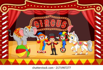 Cartoon circus performers on circus arena with clowns, tamer and animals