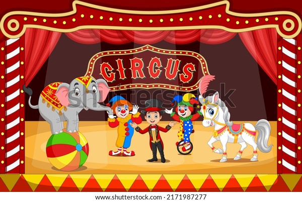 Cartoon circus performers on circus arena with\
clowns, tamer and\
animals