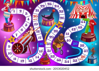 Cartoon circus performers on kids board game. Child playing activities book page. Dice roll and move game, cartoon vector boardgame with top circus animals, clown and human cannonball performer