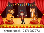 Cartoon circus performers with tamer and animals on circus arena