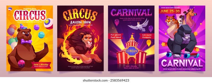 Cartoon circus posters set with performing animal characters - juggling bear, fiery lion jump, carnival tent, tiger with skateboarding gorilla and horse. Entertainment show promotional banners.