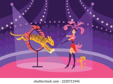 Cartoon circus show. Arena performance with trainers and animals. Public entertainment. Predators and spectators. Tiger jumping over fire ring. Poodle tricks. Splendid