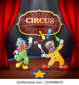 Cartoon Circus show with clowns on the stage