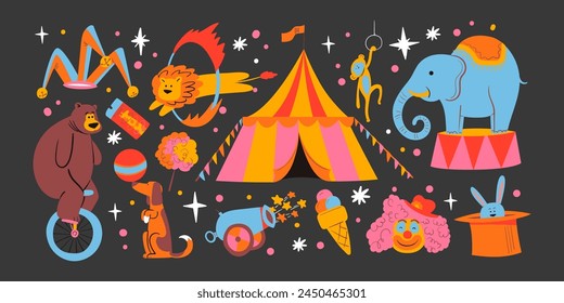 Cartoon circus show stickers. clown, trained animals, circus attributes, acrobats, magicians. Set of vintage retro 90s doodle circus stickers