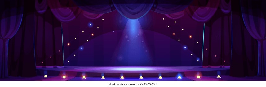 Cartoon circus stage night arena with curtain. Theater podium for dance competition television show backdrop. Dark music performance platform with garland and neon light. Drapery on concert fabric