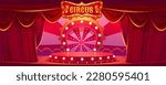 Cartoon circus stage vector background. Carnival arena with red vintage theater curtain. Cirque show round scene festival illustration. Empty marquee podium. Festive theatre platform with neon light.