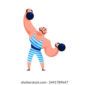 Cartoon circus strongman shapito character, sporting a retro-style handlebar mustache and striped one-piece, grins as he effortlessly lifts a giant barbells above his head with old-time funfair flair