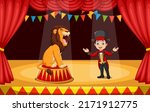 Cartoon circus tamer with lion on stage