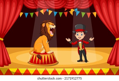 Cartoon circus tamer with lion on stage